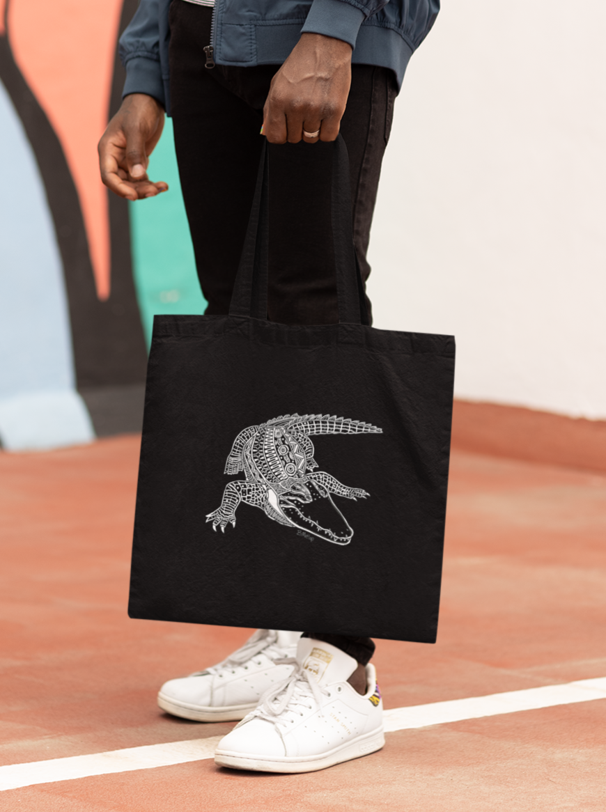 Crocodile Aboriginal Art Printed Canvas Tote Bag BW Tribal
