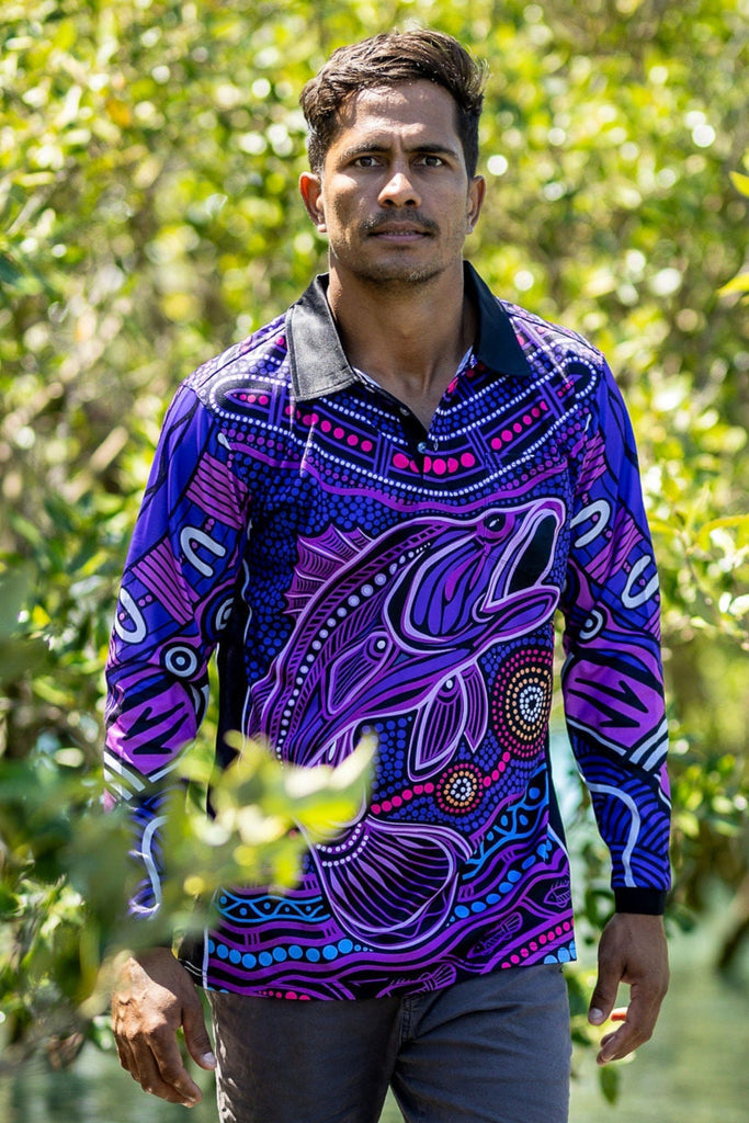 Jumping Barramundi - Unisex Fishing Polos Aboriginal Art – BW Tribal