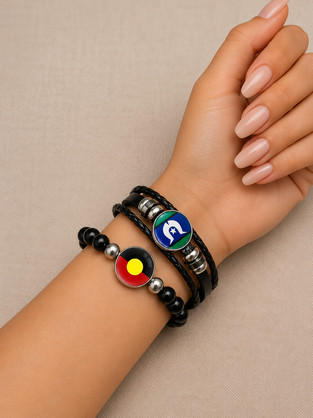 Braided Leather Wrap Wristband – Aboriginal Flag