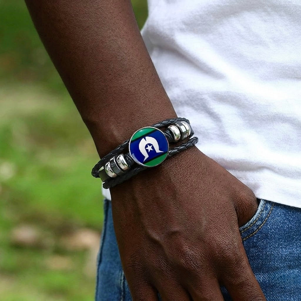 Braided Leather Wrap Wristband – Torres Strait Islander Flag
