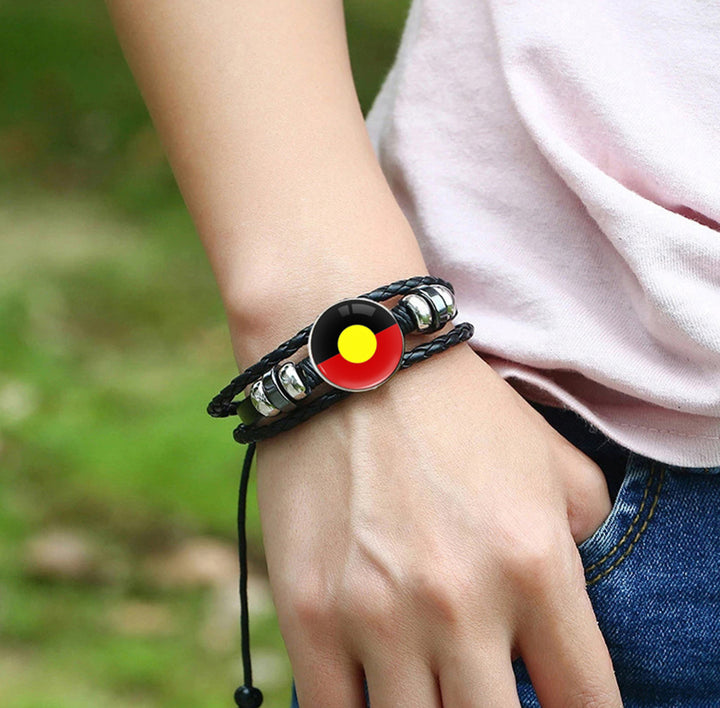 Braided Leather Wrap Wristband – Aboriginal Flag