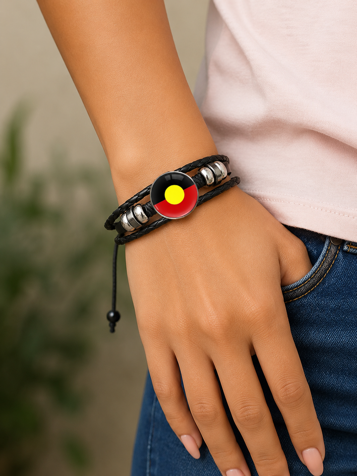 Braided Leather Wrap Wristband – Aboriginal Flag