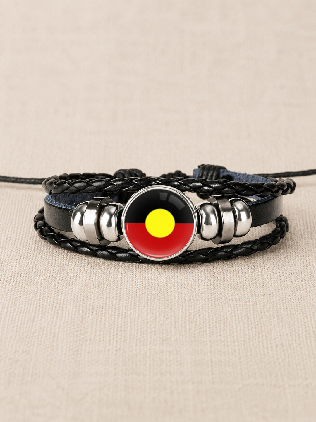 Braided Leather Wrap Wristband – Aboriginal Flag