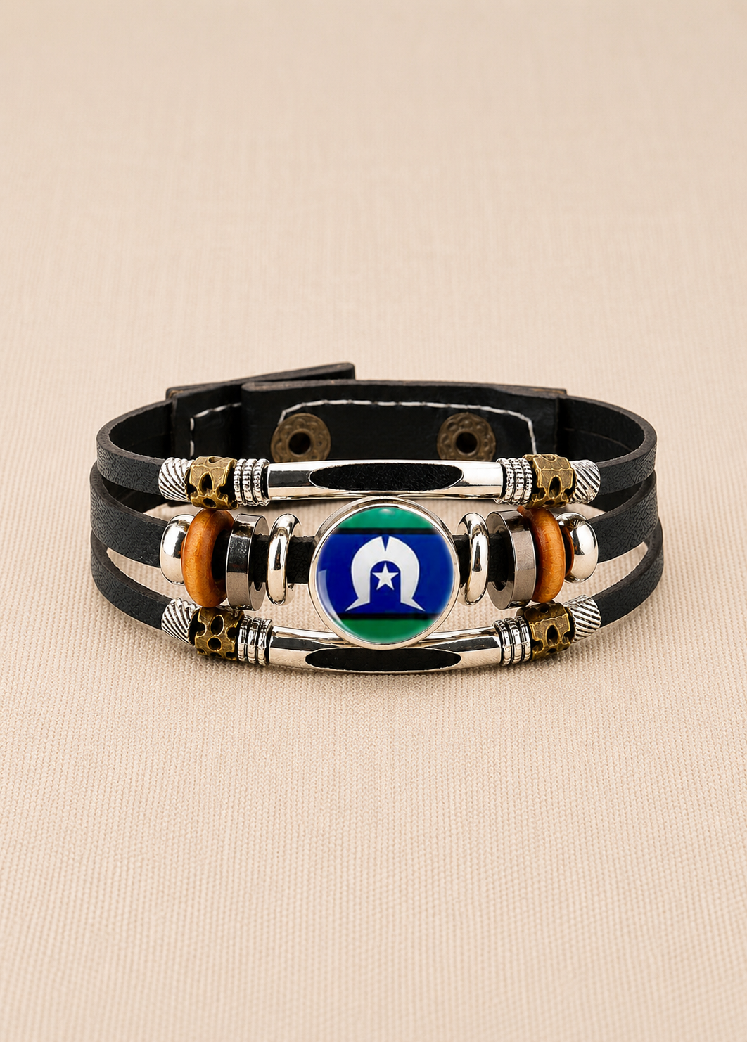 Leather Wrap Wristband with Snaps – Torres Strait Islander Flag