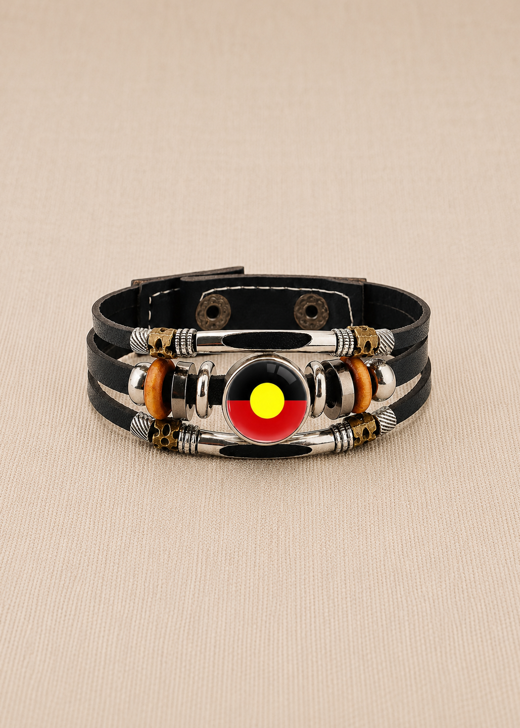 Leather Wrap Wristband with Snaps – Aboriginal Flag