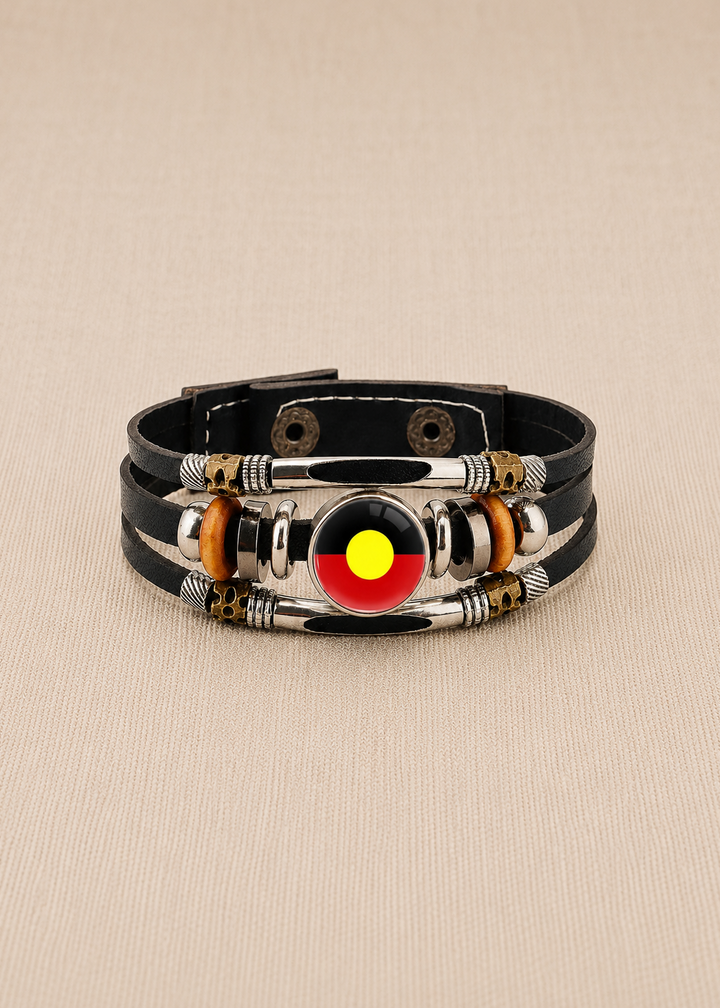 Leather Wrap Wristband with Snaps – Aboriginal Flag
