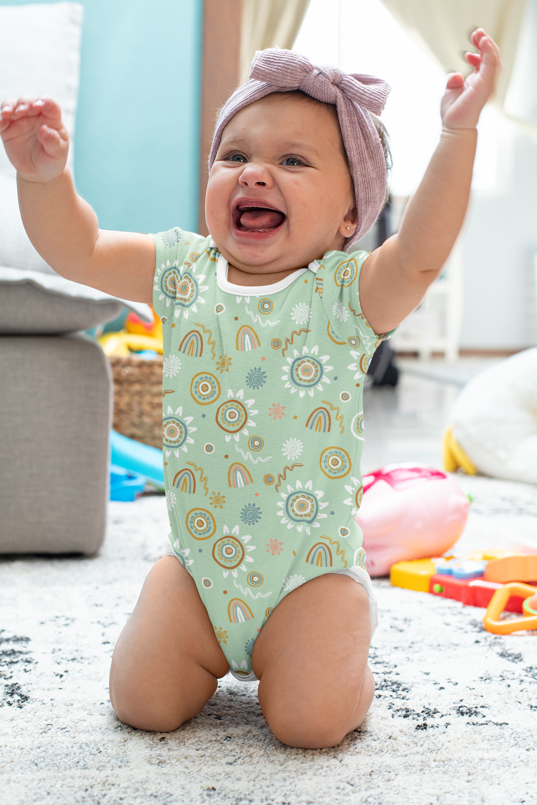 Sand Paintings (Green) - Baby Onesie + Fitted Cot Sheet Bundle