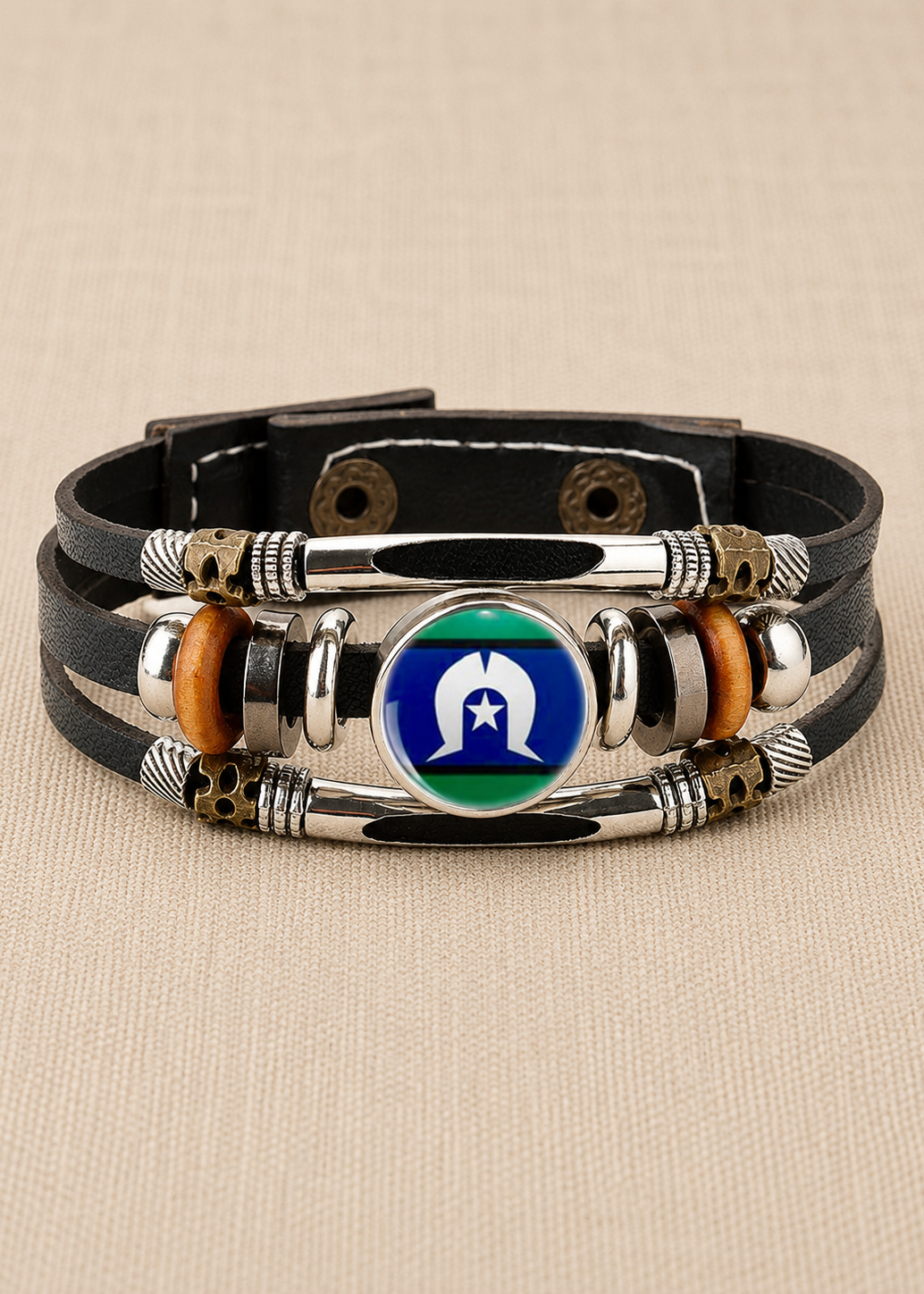 Leather Wrap Wristband with Snaps – Torres Strait Islander Flag