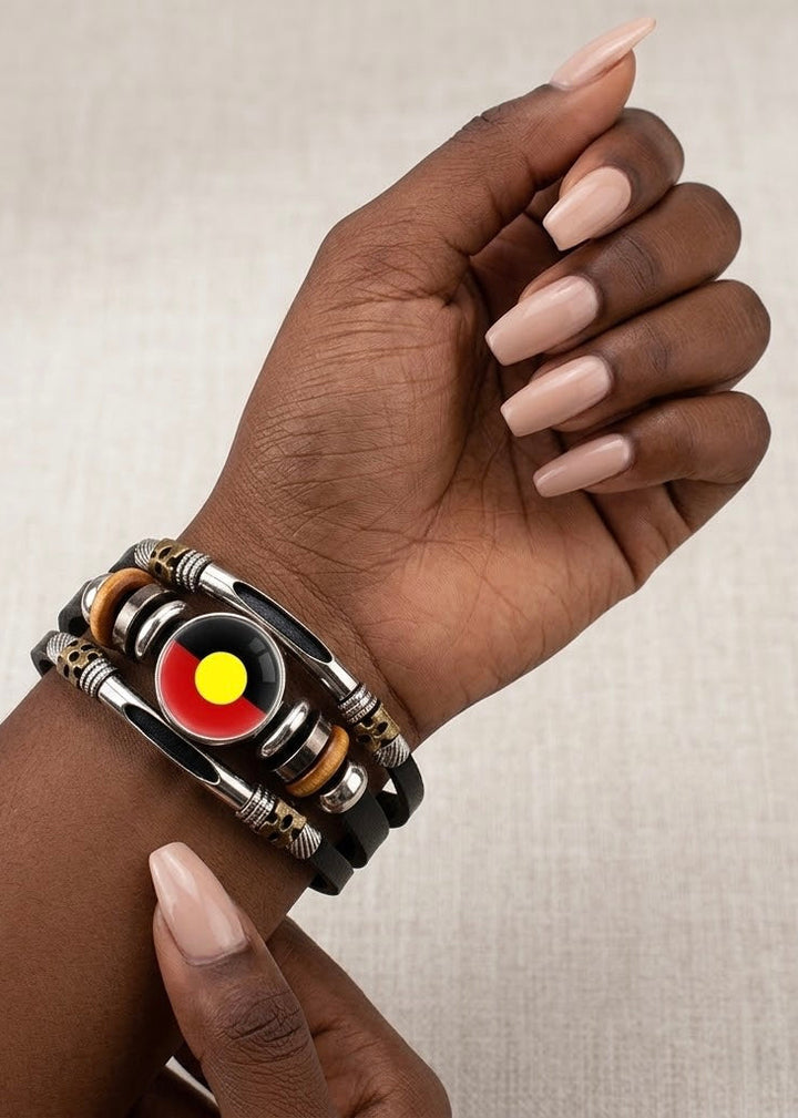 Leather Wrap Wristband with Snaps – Aboriginal Flag