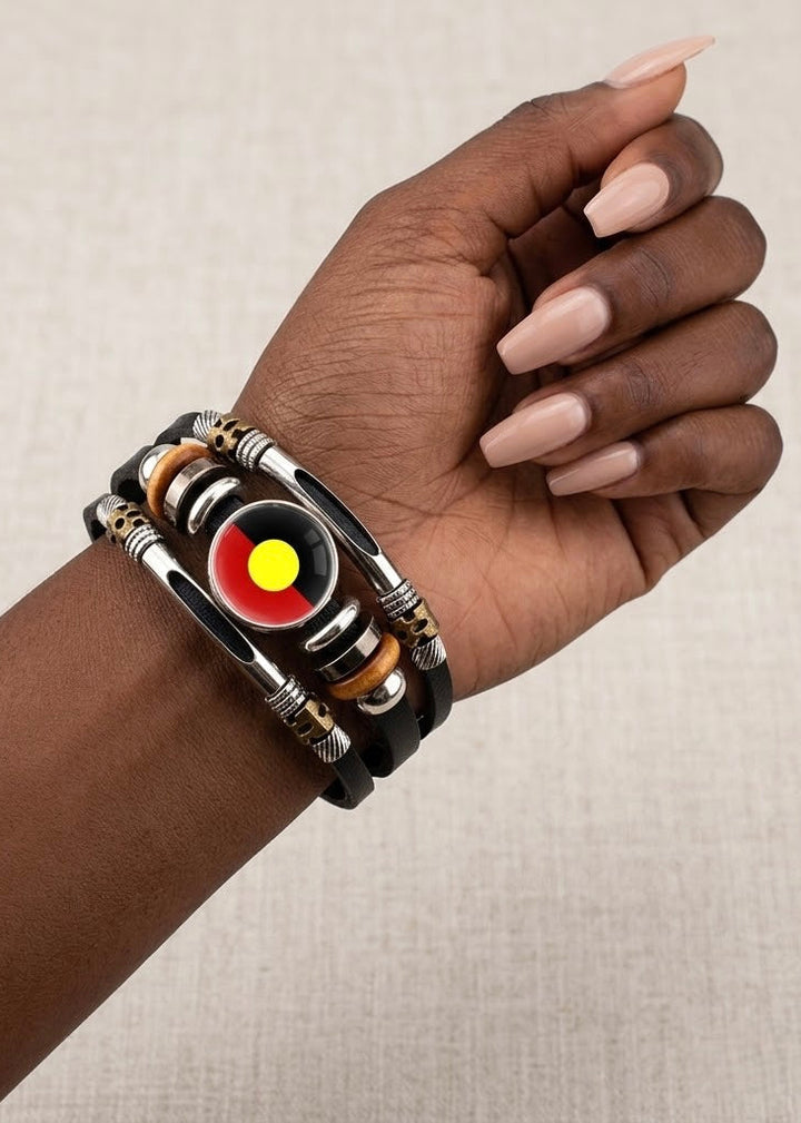 Leather Wrap Wristband with Snaps – Aboriginal Flag