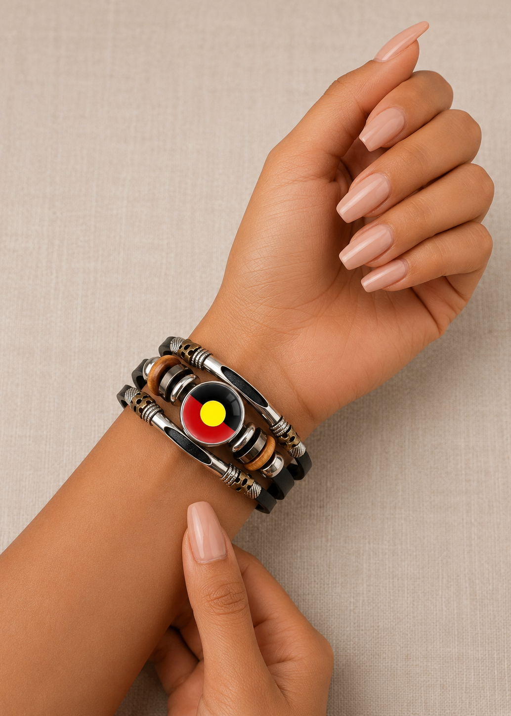 Leather Wrap Wristband with Snaps – Aboriginal Flag