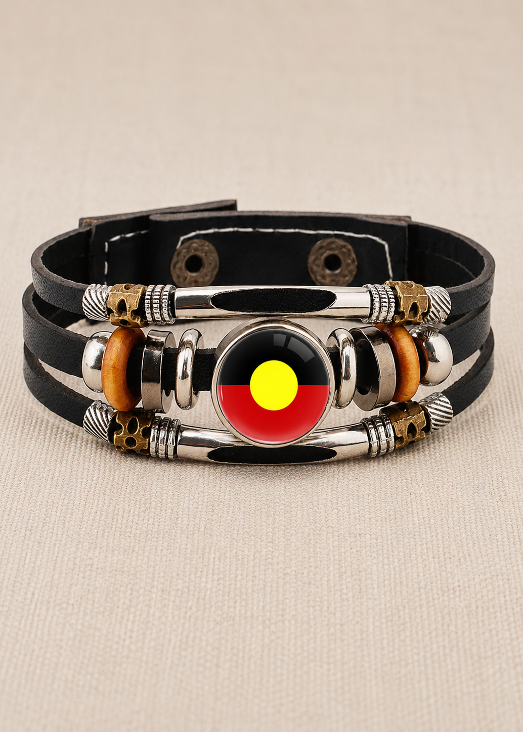 Leather Wrap Wristband with Snaps – Aboriginal Flag