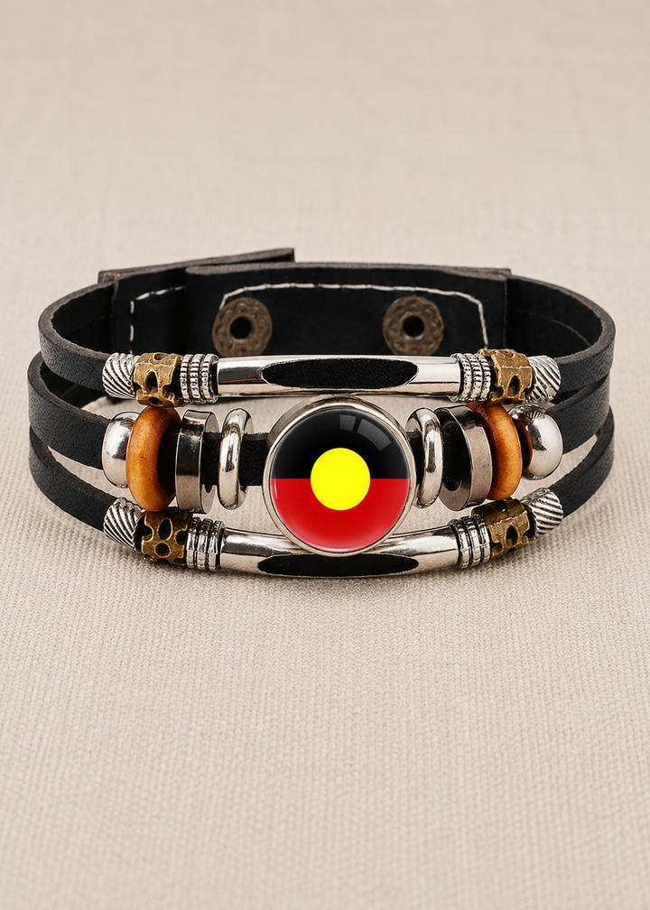 Leather Wrap Wristband with Snaps – Aboriginal Flag