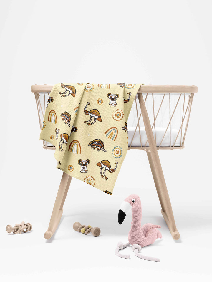 Native Friends (Yellow) - Muslin Baby Swaddle Wrap