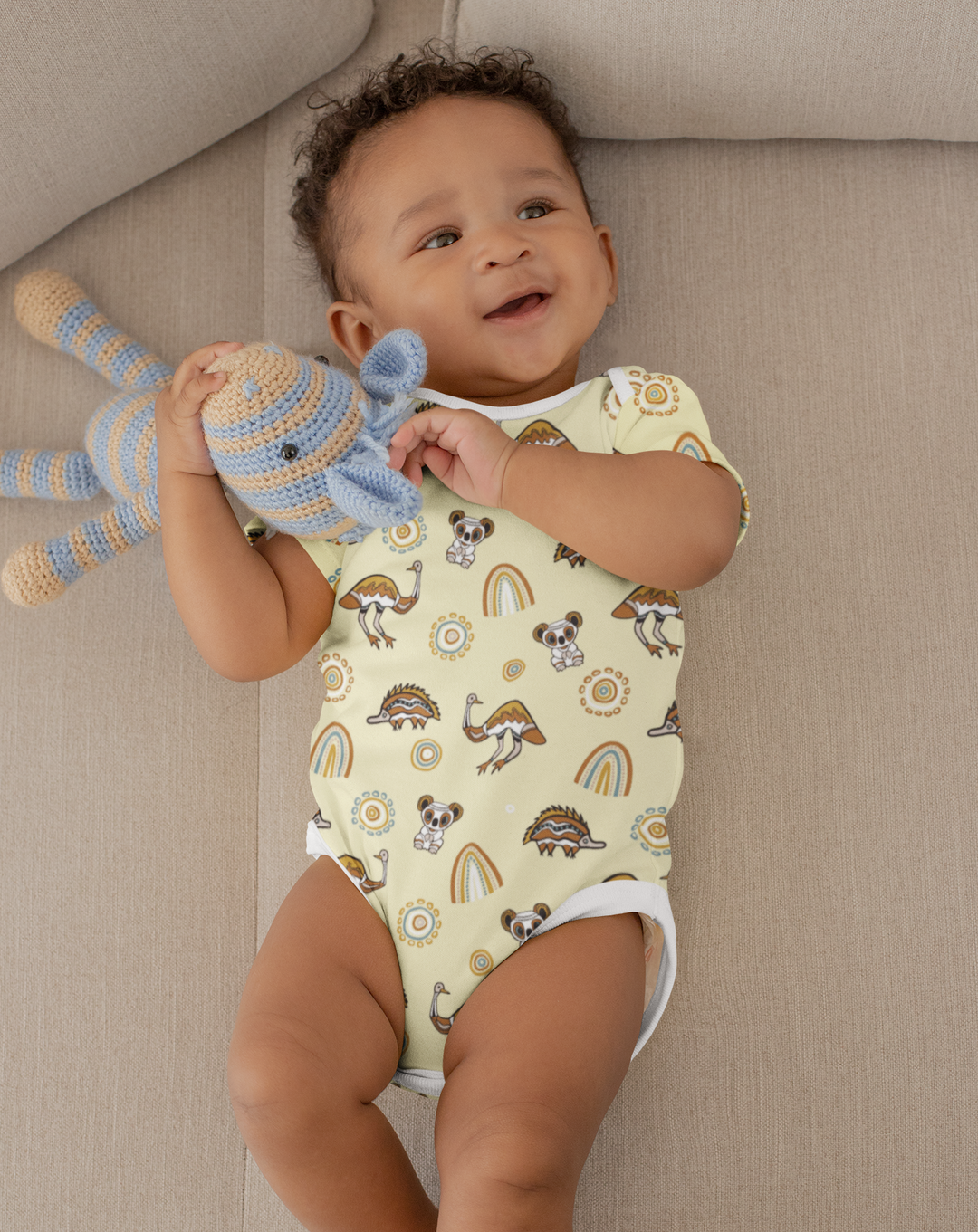 Native Friends (Yellow) - Baby Onesie + Fitted Cot Sheet Bundle