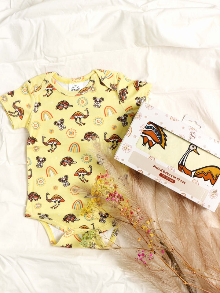 Native Friends (Yellow) - Baby Onesie + Fitted Cot Sheet Bundle