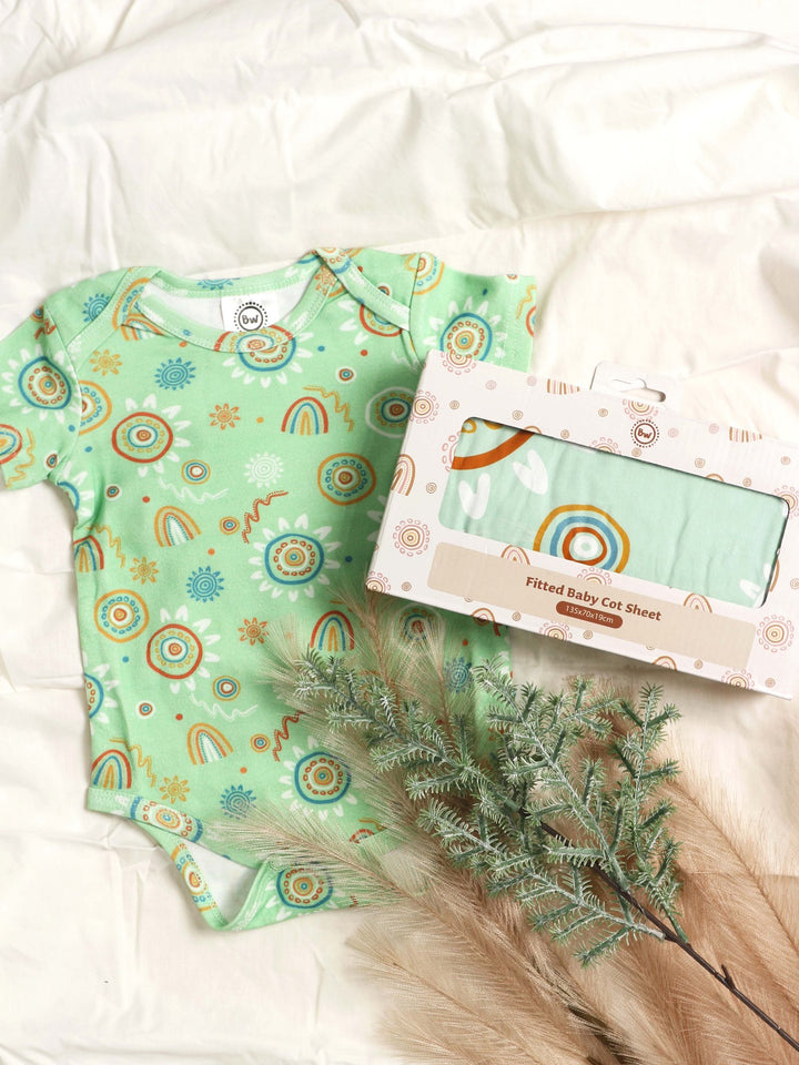 Sand Paintings (Green) - Baby Onesie + Fitted Cot Sheet Bundle