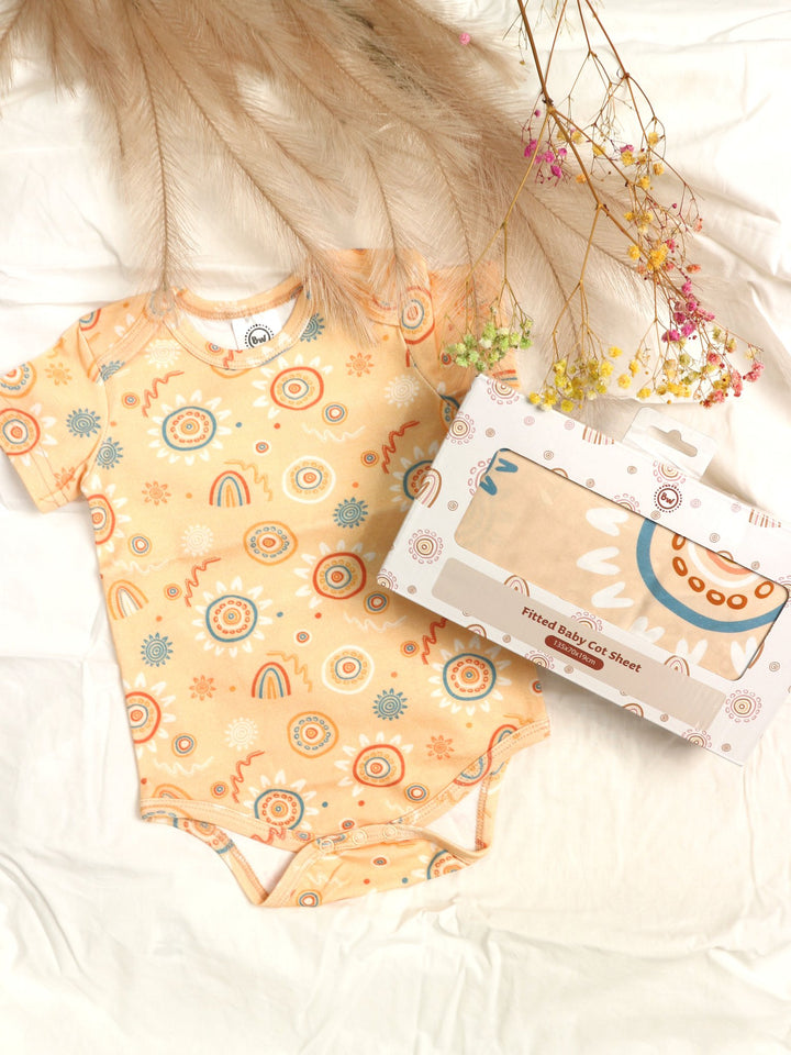 Sand Paintings (Orange) - Baby Onesie + Fitted Cot Sheet Bundle