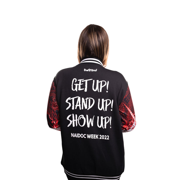 Get Up Stand Up Show Up! (NAIDOC 2022) - Women's Indigenous Varsity Jacket - Varsity Jackets